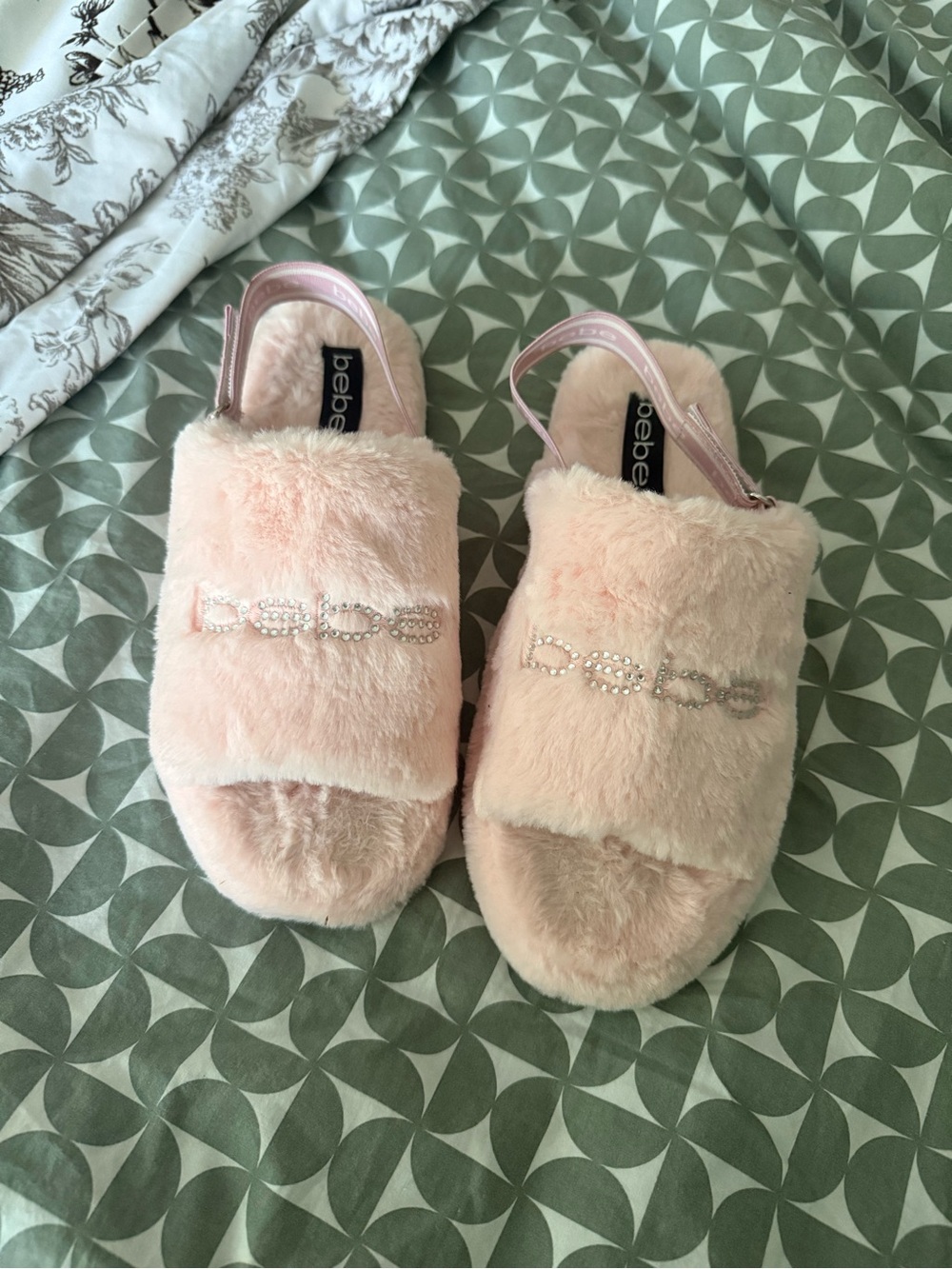 bebe Pink Faux Fur Slingback Slide Sandals with Rhinestone Logo